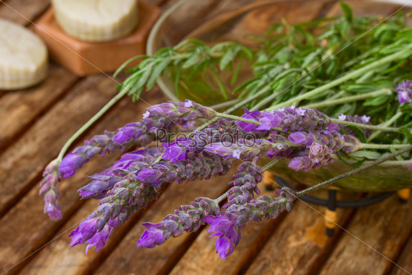 Freshly picked lavender flowers  on wooden table