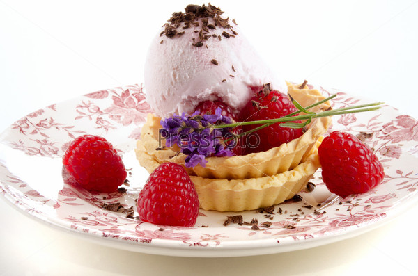 pastry case with ice cream, raspberry, chocolate and lavender
