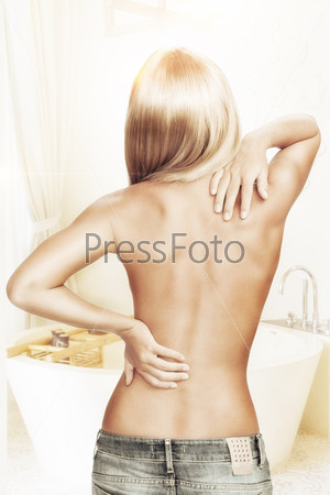 View of nice young woman back on color back