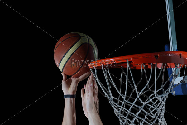 Basketball ball and net on grey background