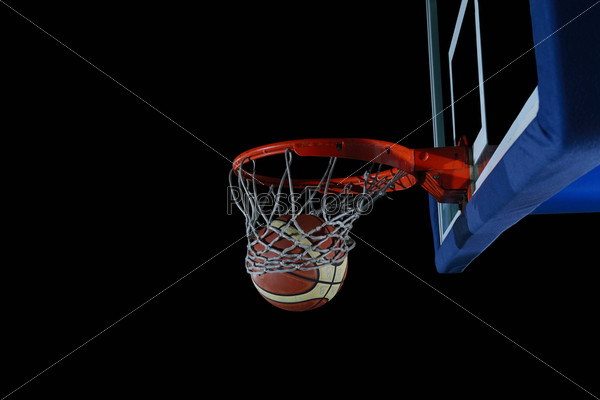 Basketball Ball, Board And Net On Black Background In Gym Indoor
