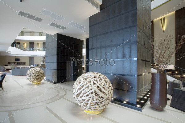 Panoramic view of nice modern stylish building lobby interior, stock photo