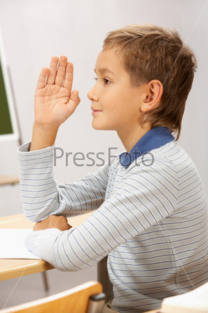 Portrait of smart lad at his place raising hand to answer during lesson