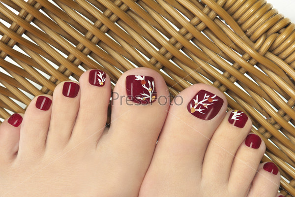 Burgundy pedicure with a picture of the women\'s nails on a background.