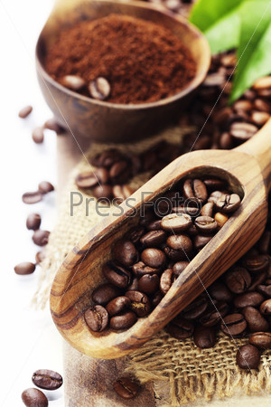 Coffee beans and an old wooden scoop