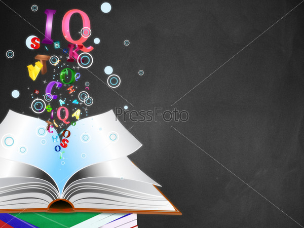 Opened book with colorful letters bursting out of it on blackboard background.