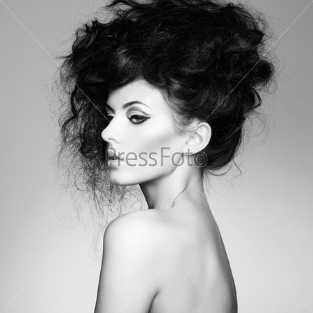 Black And White Photo Of Beautiful Woman With Magnificent Hair. Fashion Photo