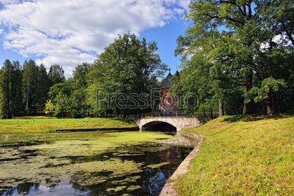 Summer landscape of the Pavlovsk garden, Russia. View to the Pil-Tower pavilion.