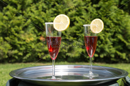 Two red cocktails garnished with a lemon on a tray in a garden
