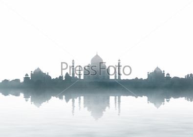 India landmark - Taj Mahal panorama with fog. Agra
