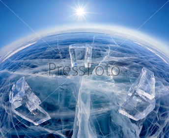 Wide-angle shot of  Icehange - stonehenge made from ice on lake Baikal in Sineria under winter Sun