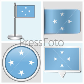 Micronesia flag - set of various sticker, button, label and flagstaff