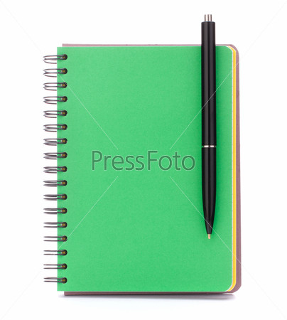 green cover notebook with black pen isolated on white background cutout
