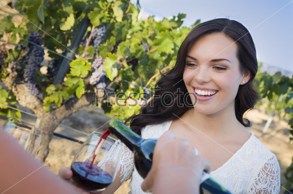Pretty Mixed Race Young Adult Woman Enjoying A Glass of Wine in the Vineyard with Friends.