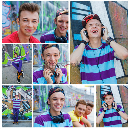 Collage of images happy teens boy with his friends by painted wall sunrise listening to music.
