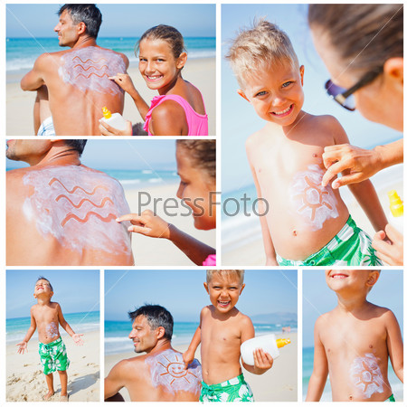 Adorable boy and girl at tropical beach applying sunblock cream on a father\'s back.