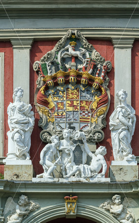 Wolfenbuttel Castle. The still existing magnificent facade and the prestigious apartments built between 1690 and 1740. The coat of arms with sculptures over an entrance