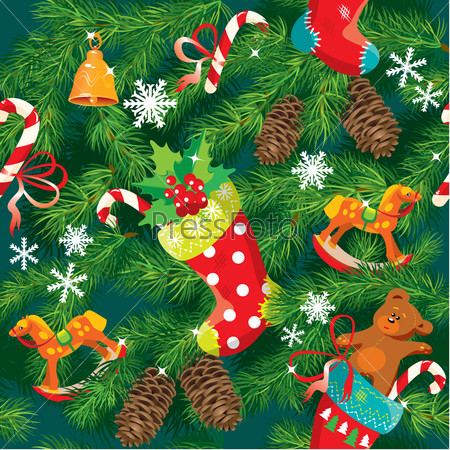 X-mas and New Year background with Christmas accessories, stockings, sweets, horse and teddy bear toys and fir tree branches. Seamless pattern for holiday design. Raster version