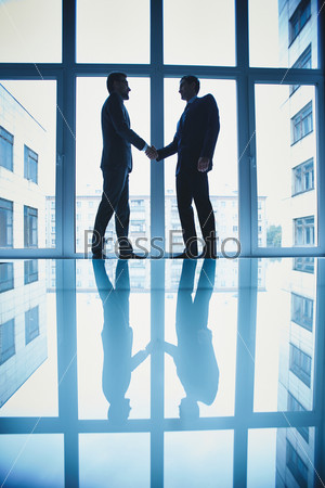 Photo of successful businessmen handshaking after striking deal