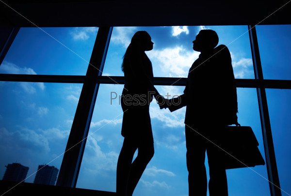 Photo of successful businessman and businesswoman handshaking after striking deal