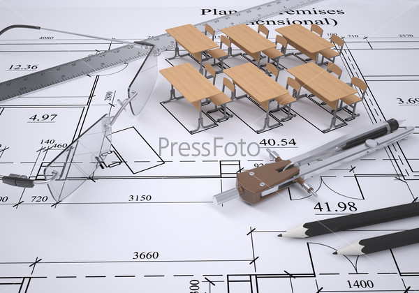 Drawing of the arrangement of furniture and tools engineer. 3d render