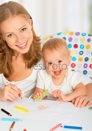 Mother and baby draw color pencil crayons