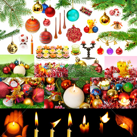 Christmas decorations and candles isolated on white background.