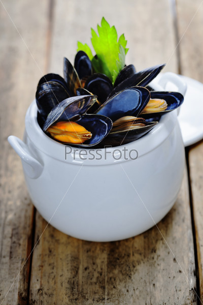Mussels cooked with white wine sauce in a white pot