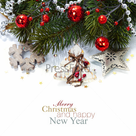 Bright christmas composition with wooden decorations (with easy removable sample text)