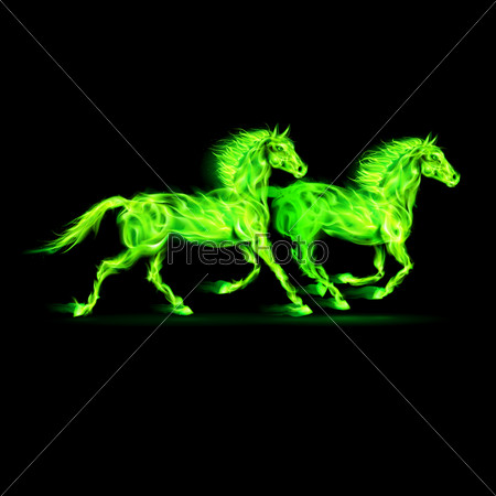 Raster version. Two running fire horses in green on black background.