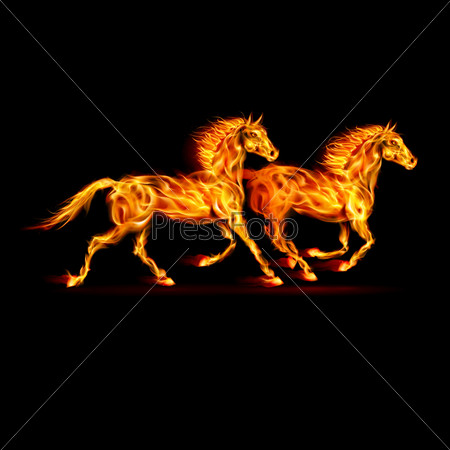 Raster version. Two running fire horses on black background.