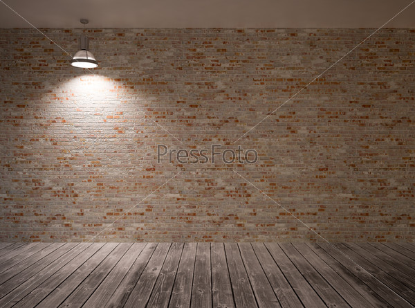 Poster in room on a brick wall with lamp