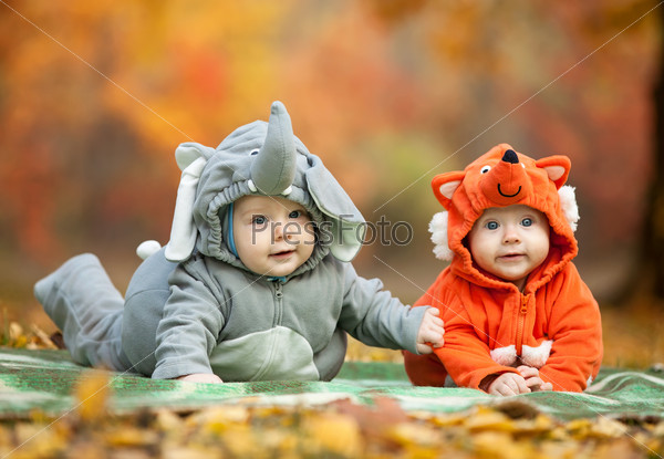 Two Baby Boys Dressed In Animal Costumes In Autumn Park, Focus On Baby In Elephant Costume