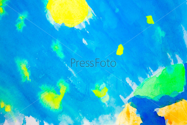 Hand painted cosmic landscape with Sun, Earth and stars on watercolor paper