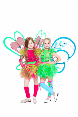 Two beautiful little girls wearing like a butterfly. Isolated on white