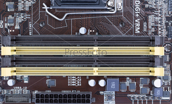 Motherboard close-up slots for SDRAM memory