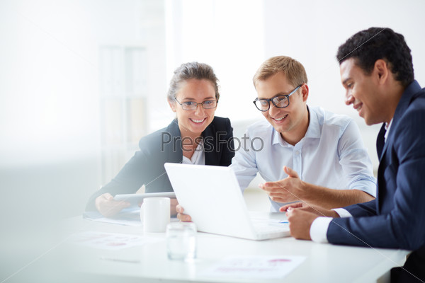 Portrait of smart business partners using laptop at meeting