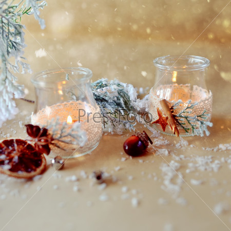 New Year\'s still life beautiful glass bottles with fire and miscellaneous items