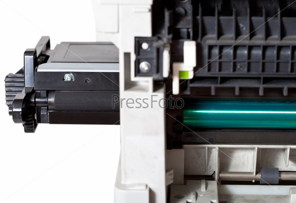 maintenance of office printer with inserting toner cartridge close up