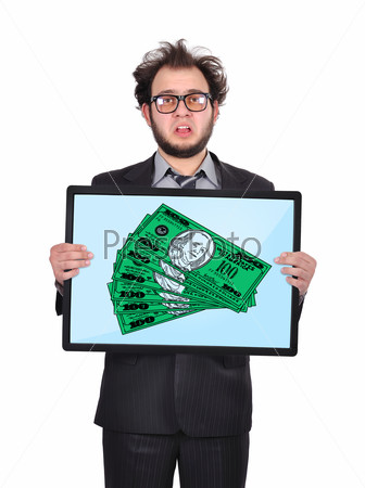 sad businessman holding plasma panel with money
