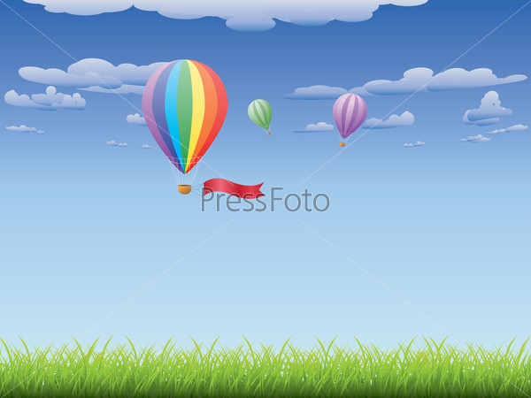 Fresh green grass and hot air balloons in the sky background.