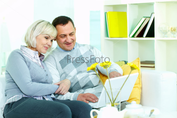 Portrait of mature man and his wife working with laptop at home