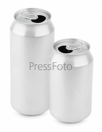 Two opened aluminum cans of beer isolated on white with clipping path