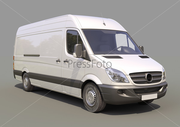 Modern commercial van on a gray background, stock photo