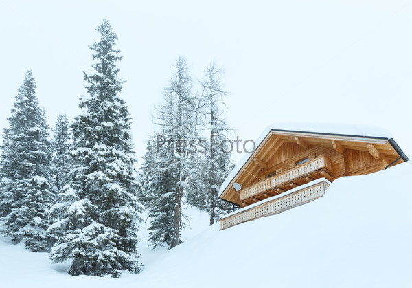 Winter misty mountain  landscape and wood house on hill.