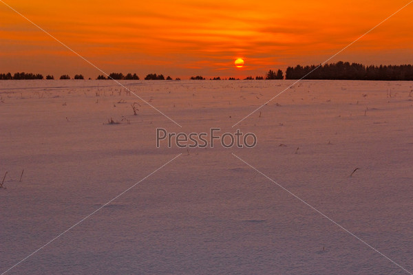 Sunset in the winter on the snowy plain