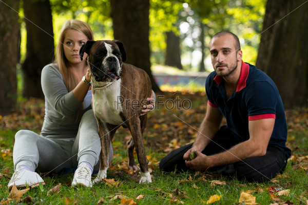 Young People With Their Dog In The Park, stock photo