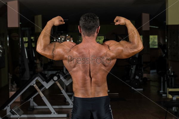 body builder showing his back double biceps