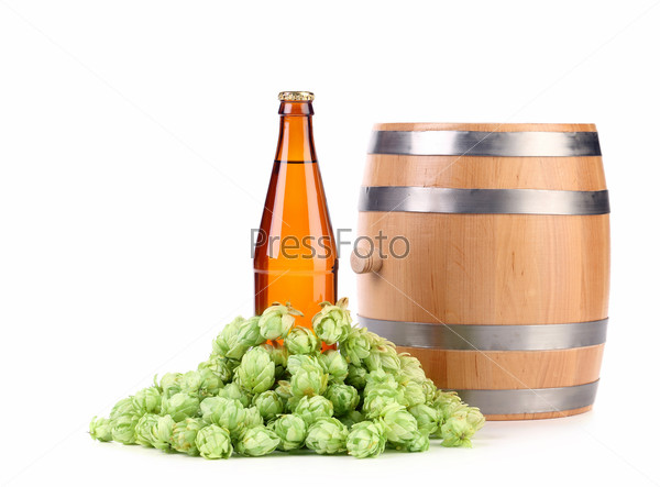Barrel and bottle of beer with hop. Isolated on a white background.