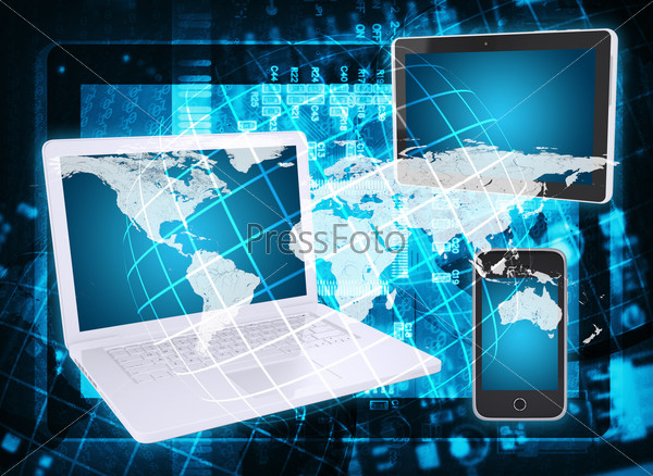 Laptop, tablet pc and smartphone. Abstract background: microcircuit and world map. Computer technology concept